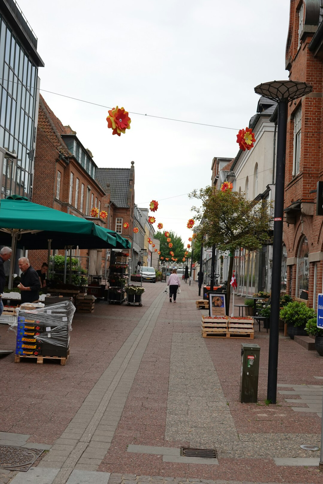 Outdoor market scene in a Danish town square